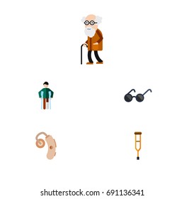 Flat Icon Disabled Set Of Injured, Ancestor, Spectacles And Other Vector Objects. Also Includes Old, Aid, Stand Elements.