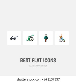 Flat Icon Disabled Set Of Injured, Equipment, Handicapped Man Vector Objects. Also Includes Equipment, Sunglasses, Injured Elements.