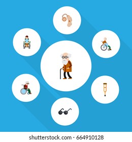 Flat Icon Disabled Set Of Disabled Person, Wheelchair, Audiology And Other Vector Objects. Also Includes Man, Stick, Old Elements.