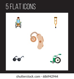 Flat Icon Disabled Set Of Disabled Person, Equipment, Audiology And Other Vector Objects. Also Includes Man, Stand, Wheelchair Elements.