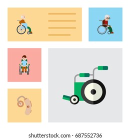 Flat Icon Disabled Set Of Disabled Person, Equipment, Wheelchair And Other Vector Objects. Also Includes Man, Disabled, Aid Elements.