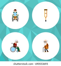 Flat Icon Disabled Set Of Disabled Person, Ancestor, Wheelchair And Other Vector Objects. Also Includes Handicapped, Ancestor, Old Elements.