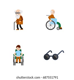 Flat Icon Disabled Set Of Spectacles, Handicapped Man, Disabled Person Vector Objects. Also Includes Spectacles, Disabled, Old Elements.