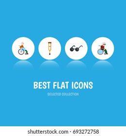 Flat Icon Disabled Set Of Spectacles, Stand, Handicapped Man Vector Objects. Also Includes Handicapped, Disabled, Eyeglasses Elements.