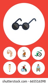 Flat Icon Disabled Set Of Stand, Equipment, Ancestor Vector Objects. Also Includes Hearing, Audiology, Wheelchair Elements.