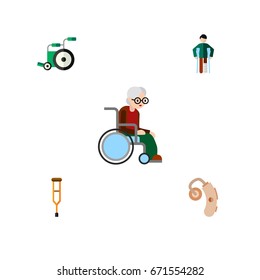 Flat Icon Disabled Set Of Stand, Injured, Equipment Vector Objects. Also Includes Stick, Aid, Wheelchair Elements.