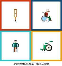 Flat Icon Disabled Set Of Stand, Wheelchair, Injured Vector Objects. Also Includes Equipment, Man, Stick Elements.