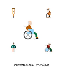 Flat Icon Disabled Set Of Stand, Injured, Handicapped Man Vector Objects. Also Includes Disability, Handicapped, Old Elements.
