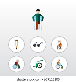 Flat Icon Disabled Set Of Wheelchair, Stand, Handicapped Man Vector Objects. Also Includes Injured, Wheelchair, Ancestor Elements.