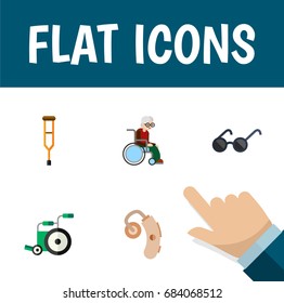 Flat Icon Disabled Set Of Wheelchair, Audiology, Stand Vector Objects. Also Includes Crutch, Stand, Aid Elements.