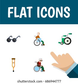 Flat Icon Disabled Set Of Wheelchair, Stand, Handicapped Man Vector Objects. Also Includes Stand, Man, Sunglasses Elements.