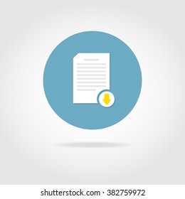 Flat icon. Document downloading. White sheet with arrow on circle.