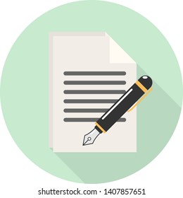 flat icon of document with golden black fountain pen on green background