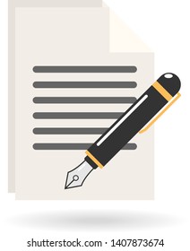 flat icon of document with golden black fountain pen isolated