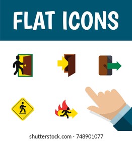 Flat Icon Door Set Of Direction Pointer, Directional, Fire Exit And Other Vector Objects. Also Includes Board, Emergency, Arrow Elements.