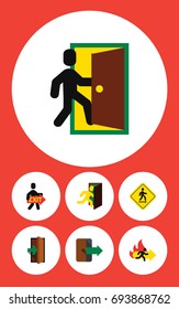 Flat Icon Door Set Of Evacuation, Fire Exit, Direction Pointer And Other Vector Objects. Also Includes Fire, Emergency, Arrow Elements.