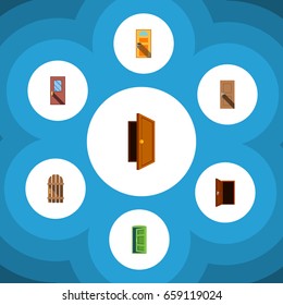 Flat Icon Door Set Of Exit, Entrance, Door And Other Vector Objects. Also Includes Fence, Door, Exit Elements.
