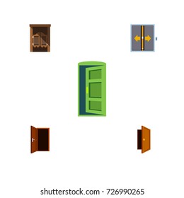 Flat Icon Door Set Of Frame, Entry, Approach And Other Vector Objects. Also Includes Saloon, Approach, Wooden Elements.