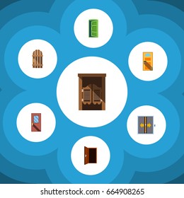 Flat Icon Door Set Of Lobby, Frame, Saloon And Other Vector Objects. Also Includes Gate, Saloon, Fence Elements.