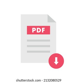 Archivo PDF de descarga de icono plano aislado en fondo blanco. Icono de descarga en círculo rojo. Ilustración vectorial.