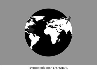 Pin plano de dibujo de icono en el planeta, ilustración del vector del globo
