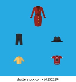 Flat Icon Dress Set Of Banyan, Clothes, T-Shirt And Other Vector Objects. Also Includes Panama, Pants, Fedora Elements.