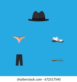 Flat Icon Dress Set Of Beach Sandal, Lingerie, Panama Vector Objects. Also Includes Lingerie, Trousers, Panties Elements.