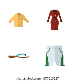 Flat Icon Dress Set Of Beach Sandal, Trunks Cloth, Banyan Vector Objects. Also Includes Sandal, Banyan, Flop Elements.