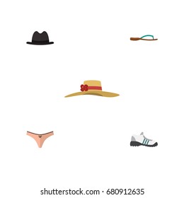 Flat Icon Dress Set Of Beach Sandal, Sneakers, Lingerie Vector Objects. Also Includes Woman, Lingerie, Flop Elements.