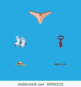Flat Icon Dress Set Of Beach Sandal, Cravat, Elegant Headgear Vector Objects. Also Includes Headgear, Lingerie, Cravat Elements.