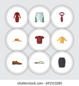 Flat Icon Dress Set Of Beach Sandal, Stylish Apparel, Trunks Cloth Vector Objects. Also Includes Necktie, Cloth, Woman Elements.