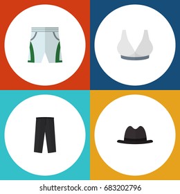 Flat Icon Dress Set Of Brasserie, Pants, Panama And Other Vector Objects. Also Includes Panama, Fedora, Breast Elements.