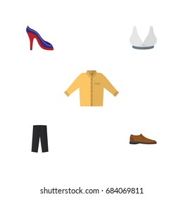 Flat Icon Dress Set Of Brasserie, Banyan, Pants And Other Vector Objects. Also Includes Shoe, Sport, Heeled Elements.