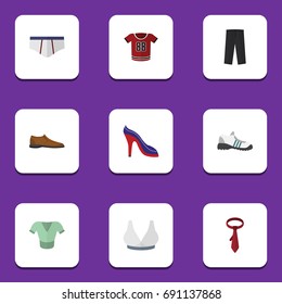 Flat Icon Dress Set Of Brasserie, Sneakers, Pants And Other Vector Objects. Also Includes Leggings, Footware, Underwear Elements.