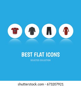 Flat Icon Dress Set Of Clothes, Pants, T-Shirt And Other Vector Objects. Also Includes Blouse, Kimono, Uniform Elements.