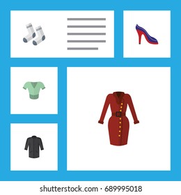 Flat Icon Dress Set Of Clothes, Casual, Heeled Shoe And Other Vector Objects. Also Includes Uniform, Heeled, Shoes Elements.
