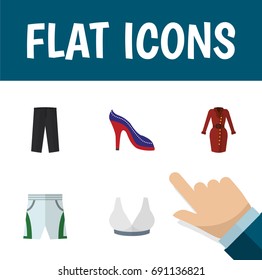 Flat Icon Dress Set Of Clothes, Heeled Shoe, Pants And Other Vector Objects. Also Includes Pants, Dress, Shoes Elements.