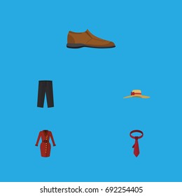 Flat Icon Dress Set Of Cravat, Elegant Headgear, Pants And Other Vector Objects. Also Includes Garment, Footware, Leggings Elements.