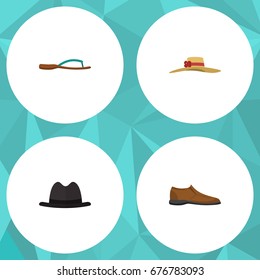 Flat Icon Dress Set Of Elegant Headgear, Male Footware, Beach Sandal Vector Objects. Also Includes Fedora, Hat, Flip Elements.