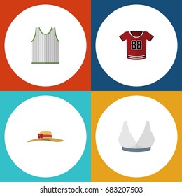 Flat Icon Dress Set Of Elegant Headgear, Singlet, T-Shirt And Other Vector Objects. Also Includes Blouse, Sleeveless, Singlet Elements.