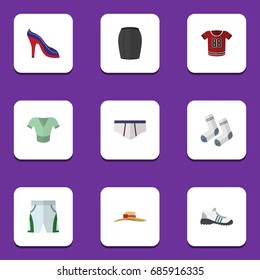 Flat Icon Dress Set Of Elegant Headgear, Foot Textile, T-Shirt And Other Vector Objects. Also Includes Underclothes, Shoes, Textile Elements.