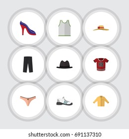 Flat Icon Dress Set Of Elegant Headgear, Pants, Banyan And Other Vector Objects. Also Includes Fedora, Trousers, Panama Elements.