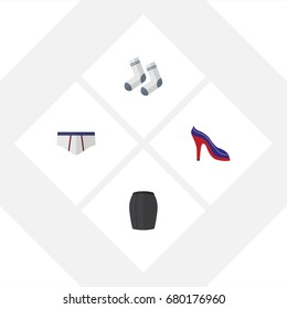 Flat Icon Dress Set Of Foot Textile, Stylish Apparel, Heeled Shoe And Other Vector Objects. Also Includes Socks, Underwear, Shoes Elements.