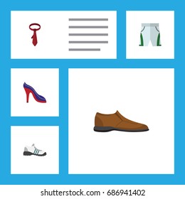 Flat Icon Dress Set Of Heeled Shoe, Sneakers, Male Footware And Other Vector Objects. Also Includes Shorts, Necktie, Shoes Elements.