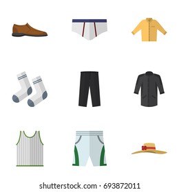 Flat Icon Dress Set Of Male Footware, Pants, Trunks Cloth And Other Vector Objects. Also Includes Leggings, Socks, Singlet Elements.