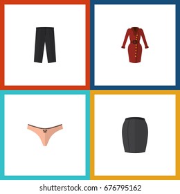 Flat Icon Dress Set Of Pants, Stylish Apparel, Clothes And Other Vector Objects. Also Includes Panties, Woman, Underwear Elements.