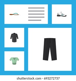Flat Icon Dress Set Of Pants, Beach Sandal, Casual Vector Objects. Also Includes Flop, Sandal, Clothes Elements.