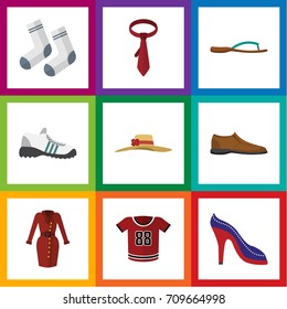 Flat Icon Dress Set Of Sneakers, Clothes, Beach Sandal Vector Objects. Also Includes Tie, Shirt, Clothes Elements.