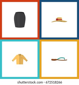 Flat Icon Dress Set Of Stylish Apparel, Elegant Headgear, Beach Sandal Vector Objects. Also Includes Flop, Banyan, Flip Elements.