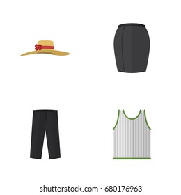 Flat Icon Dress Set Of Stylish Apparel, Pants, Elegant Headgear And Other Vector Objects. Also Includes Trousers, Skirt, Hat Elements.